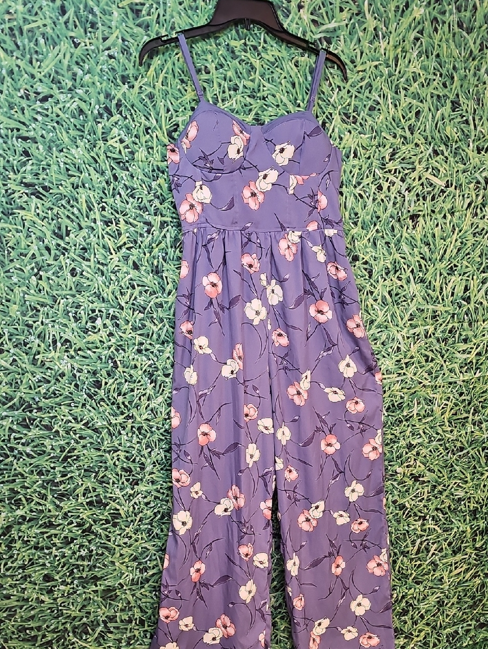 Purple Floral Spaghetti-Strap Jumpsuit with Pink & Cream Accents